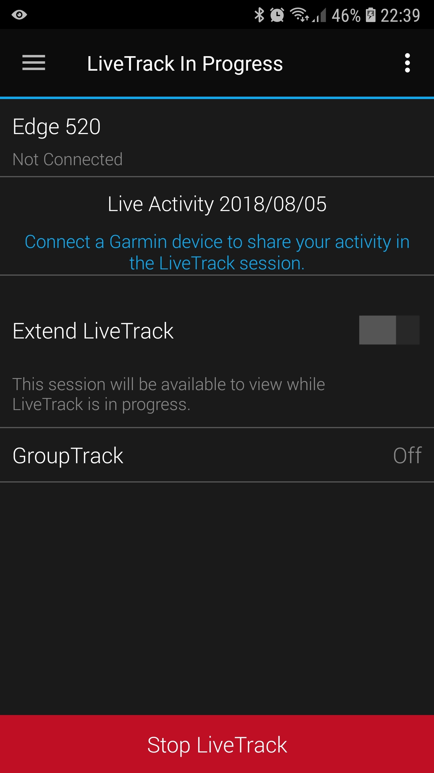 LiveTrack session does not end on phone when it ends on Edge 520 - Connect Android - Mobile Apps & Web - Garmin
