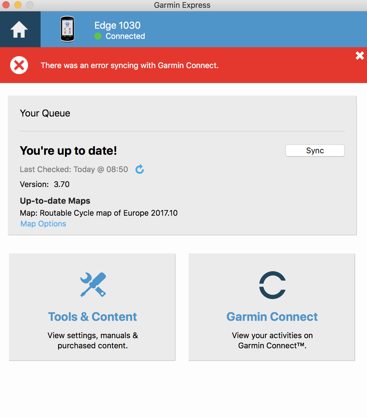 Edge 1030 - There was an error syncing with garmin connect - Express Mac - Mac/Windows Software - Garmin Forums