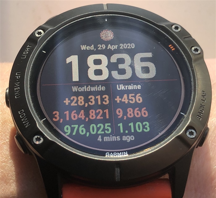 On the photo COVID-19 Watch Face on the fenix 6X Pro Solar. 