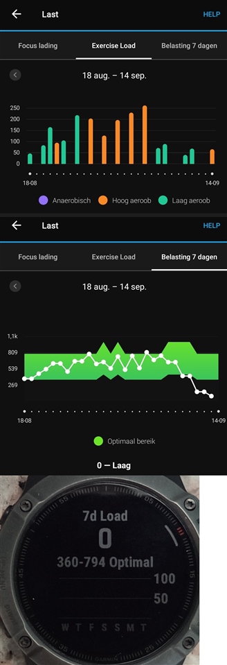 Top: The bars as in the connect app. Middle: the graph not showing the last three bars (training after the update). Bottom: The watch not showing any bars.