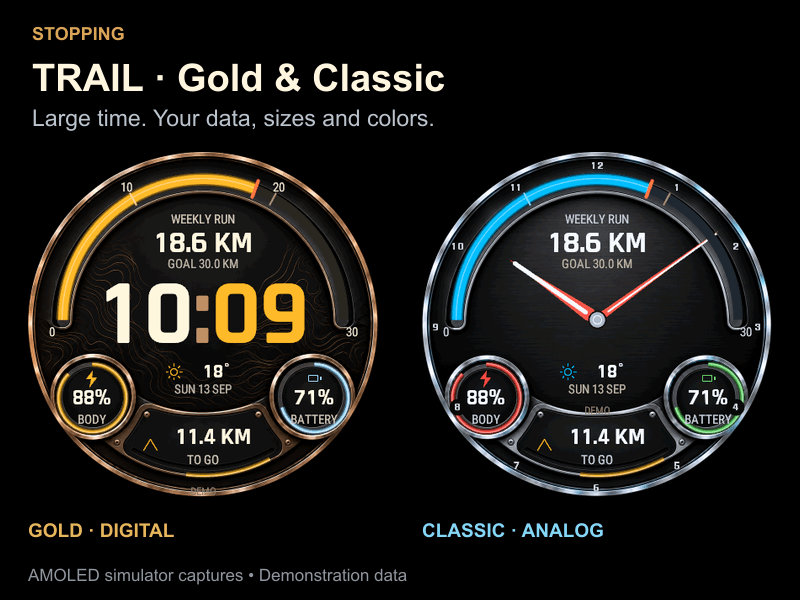TRAIL Gold with digital time and Classic with hour and minute hands. Actual AMOLED simulator captures with demonstration data.