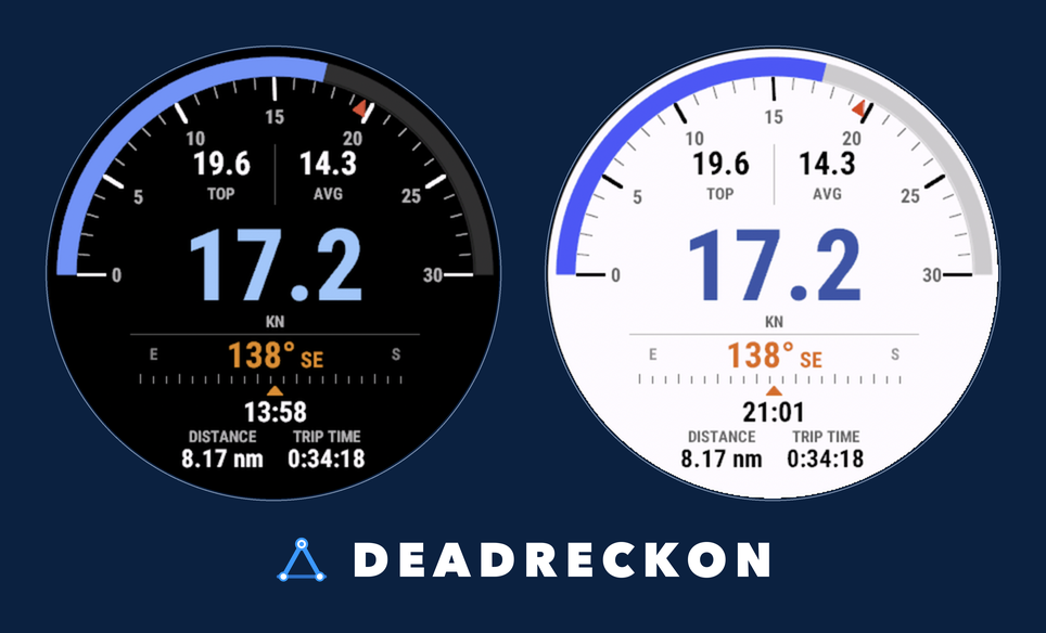 Deadreckon app on two Garmin watch faces, dark and light modes, showing boat speed in knots, heading, distance, and trip time.