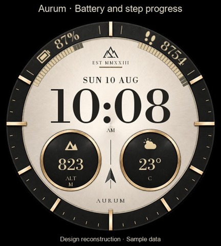 Elegant 02 &middot; Aurum: battery and step progress, sample data