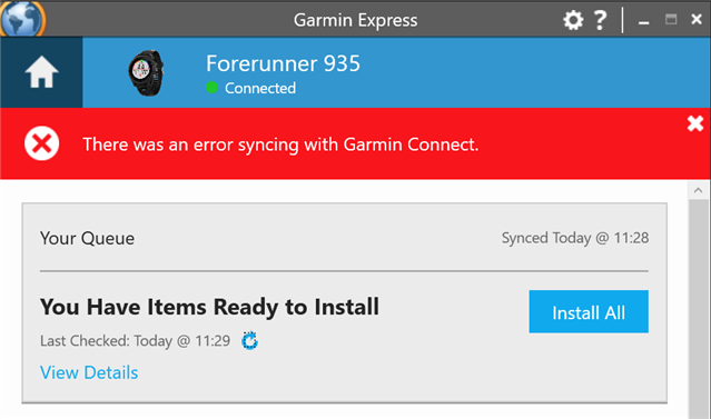 Garmin Express - There was an error syncing with Garmin - Forerunner 935 - Running/Multisport - Forums